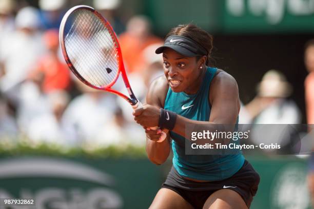 June 9. French Open Tennis Tournament - Day Twelve. Sloane Stephens of the United States in action against Simona Halep of Romania on Court...