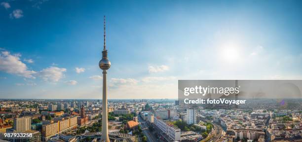 berlin aerial panorama over fernsehturm alexanderplatz landmarks sunset cityscape germany - fernsehturm berlijn stock pictures, royalty-free photos & images