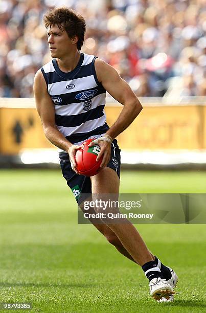 Andrew Mackie of the Cats kicks during the round six AFL match between the Geelong Cats and the Richmond Tigers at Skilled Stadium on May 2, 2010 in...