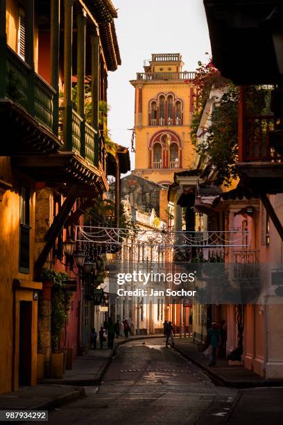 Convento de San Agustín is seen at the end of the street, located in the colonial walled city, during a sunny morning on December 12, 2017 in...