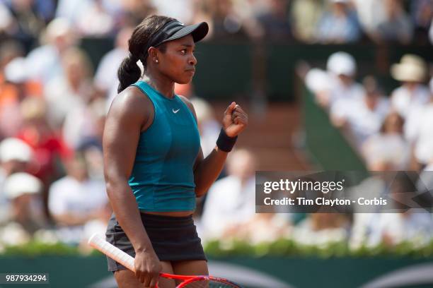 June 9. French Open Tennis Tournament - Day Twelve. Sloane Stephens of the United States in action against Simona Halep of Romania on Court...