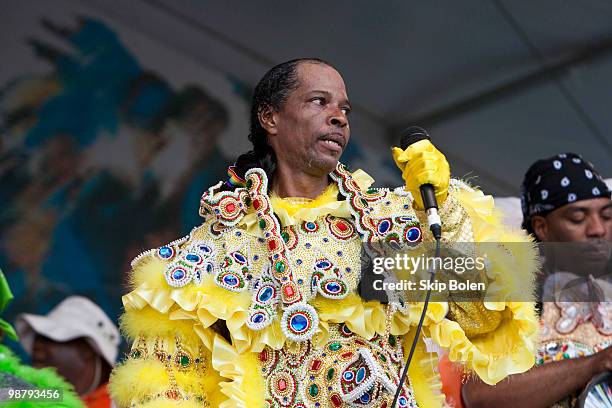 The White Cloud Hunters Mardi Gras Indians perform during day 6 of the 41st annual New Orleans Jazz & Heritage Festival at the Fair Grounds Race...