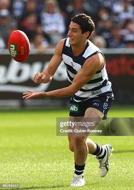 Simon Hogan of the Cats handballs during the round six AFL match between the Geelong Cats and the Richmond Tigers at Skilled Stadium on May 2, 2010...