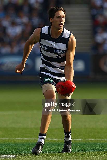 Harry Taylor of the Cats handballs during the round six AFL match between the Geelong Cats and the Richmond Tigers at Skilled Stadium on May 2, 2010...