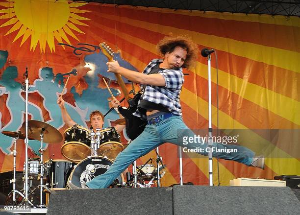 Drummer Matt Cameron and Guitarist/Vocalist Eddie Vedder of Pearl Jam perform during the 41st Annual New Orleans Jazz & Heritage Festival Presented...