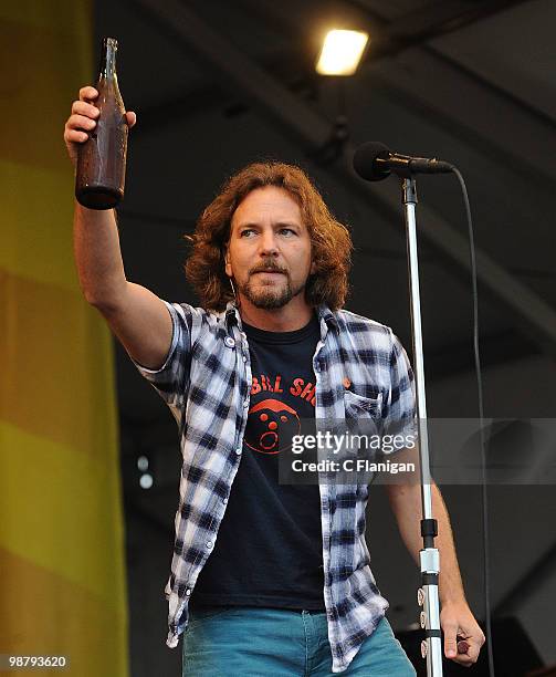 Vocalist/Guitarist Eddie Vedder of Pearl Jam performs during the 41st Annual New Orleans Jazz & Heritage Festival Presented by Shell at the Fair...