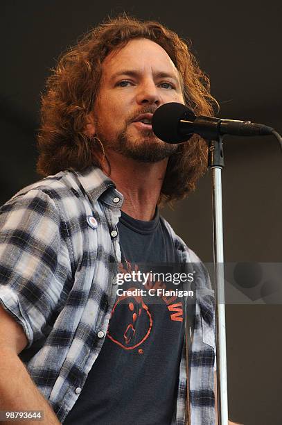 Vocalist/Guitarist Eddie Vedder of Pearl Jam performs during the 41st Annual New Orleans Jazz & Heritage Festival Presented by Shell at the Fair...