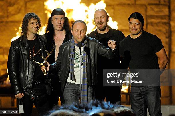 Musicians Kirk Hammett, Lars Ulrich, James Hetfield and Robert Trujillo of Metallica onstage at Spike TV's 2009 "Guys Choice Awards" held at the Sony...