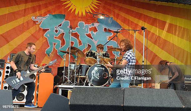 Bassist Jeff Ament, Drummer Matt Cameron, Vocalist/Guitarist Eddie Vedder and Guitarist Stone Gossard of Pearl Jam perform during the 41st Annual New...