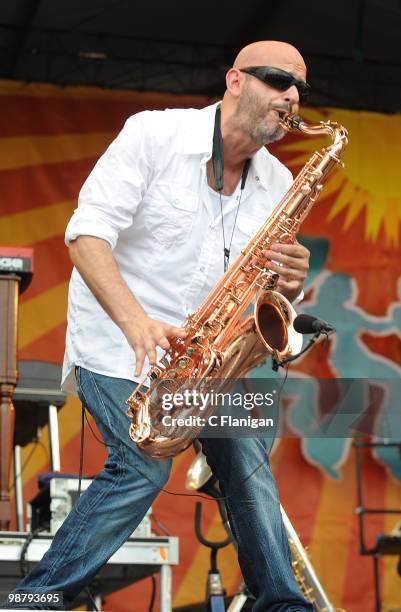 Musician Ben Ellman of Galactic performs during the 41st Annual New Orleans Jazz & Heritage Festival Presented by Shell at the Fair Grounds Race...