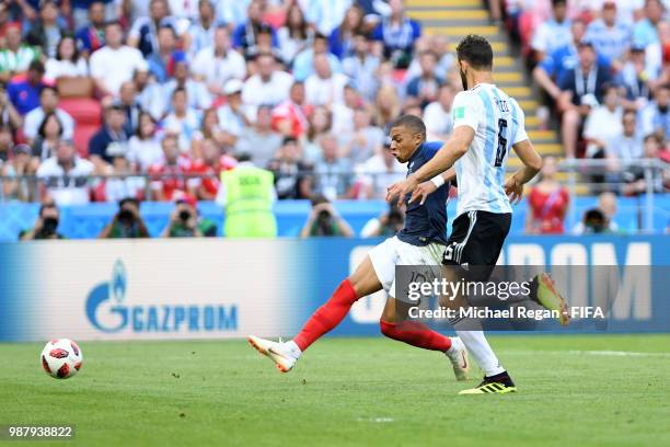 Kylian Mbappe of France scores his team's fourth goal during the 2018 FIFA World Cup Russia Round of 16 match between France and Argentina at Kazan...