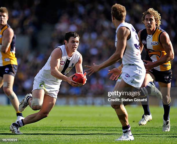 Hayden Ballantyne of the Dockers breaks away during the round six AFL match between the West Coast Eagles and the Fremantle Dockers at Subiaco Oval...