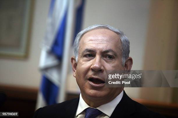 Israeli Prime Minister Benjamin Netanyahu chairs the weekly cabinet meeting in his office on May 02, 2010 in Jerusalem, Israel. Netanyahu has said...