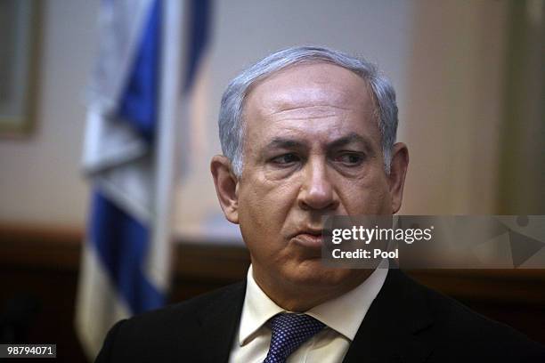 Israeli Prime Minister Benjamin Netanyahu chairs the weekly cabinet meeting in his office on May 02, 2010 in Jerusalem, Israel. Netanyahu has said...