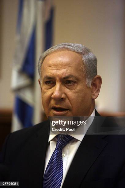 Israeli Prime Minister Benjamin Netanyahu chairs the weekly cabinet meeting in his office on May 02, 2010 in Jerusalem, Israel. Netanyahu has said...