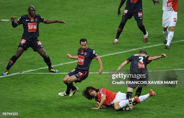 Monaco's South Korean striker Chu-Young Park vies with Paris Saint-Germain's French defender Christophe Jallet during the French Cup final between...