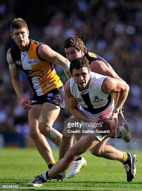 Hayden Ballantyne of the Dockers breaks away during the round six AFL match between the West Coast Eagles and the Fremantle Dockers at Subiaco Oval...