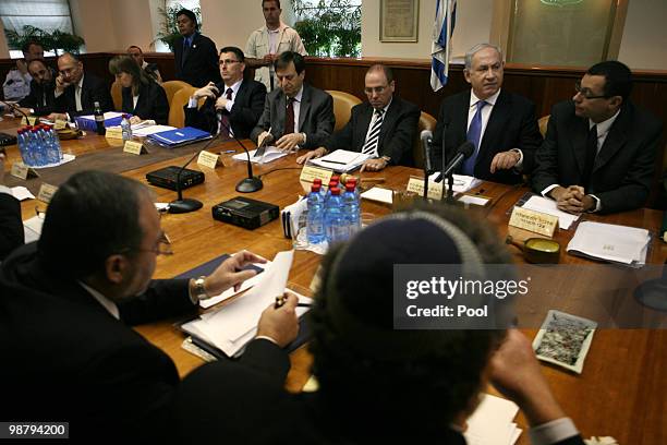 Israeli Prime Minister Benjamin Netanyahu chairs the weekly cabinet meeting in his office on May 02, 2010 in Jerusalem, Israel. Netanyahu has said...