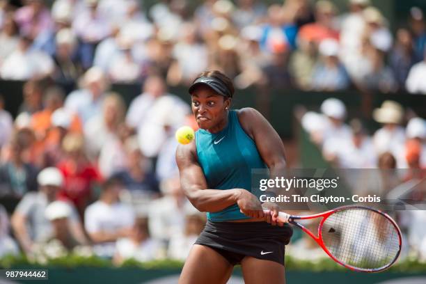 June 9. French Open Tennis Tournament - Day Twelve. Sloane Stephens of the United States in action against Simona Halep of Romania on Court...