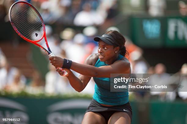 June 9. French Open Tennis Tournament - Day Twelve. Sloane Stephens of the United States in action against Simona Halep of Romania on Court...