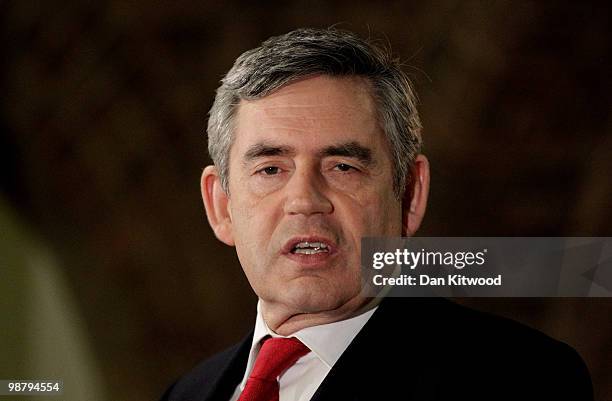 British Prime Minister Gordon Brown speaks to community leaders at the Inspire Community Centre in Camberwell on May 2, 2010 in London, England. The...