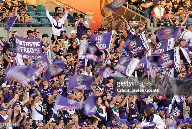 Dockers fans react to a goal during the round six AFL match between the West Coast Eagles and the Fremantle Dockers at Subiaco Oval on May 2, 2010 in...