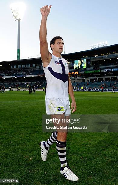 Matthew Pavlich of the Dockers acknowledges fans after their win against the Eagles during the round six AFL match between the West Coast Eagles and...