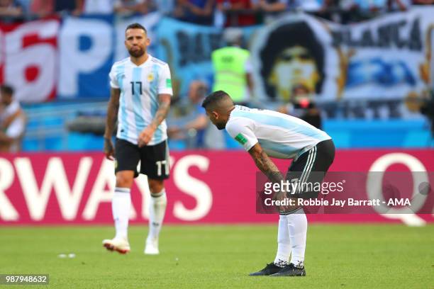 Ever Banega of Argentina looks dejected during the 2018 FIFA World Cup Russia Round of 16 match between France and Argentina at Kazan Arena on June...