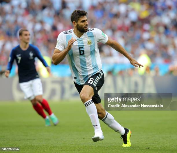 Federico Fazio of Argentina in action during the 2018 FIFA World Cup Russia Round of 16 match between France and Argentina at Kazan Arena on June 30,...
