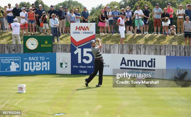 Sergio Garcia of Spain plays his first shot on the 15th tee during Day Three of the HNA Open de France at Le Golf National on June 30, 2018 in Paris,...