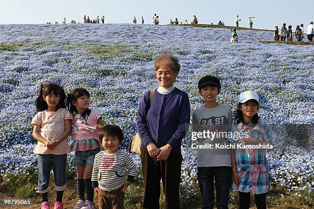 Visitors enjoy watching the Blue Nemophila flowers bloom during the Golden Week holidays, at Hitachinaka Kaihin Park on May 02, 2010 in Hitachinaka,...