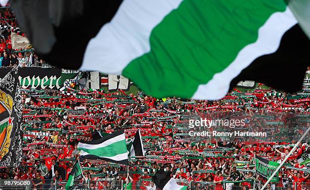 General view of the supporters of Hannover seen during the Bundesliga match between Hannover 96 and Borussia Moenchengladbach at AWD Arena on May 1,...