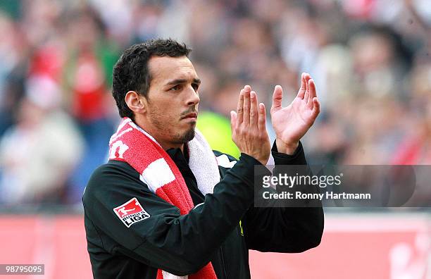 Sergio Pinto of Hannover gestures during the Bundesliga match between Hannover 96 and Borussia Moenchengladbach at AWD Arena on May 1, 2010 in...