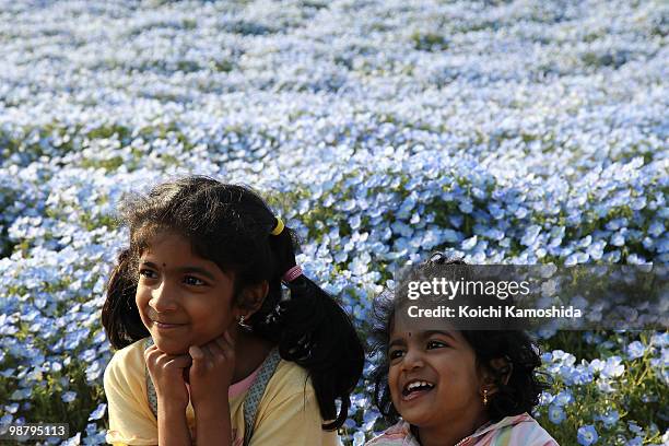 Children smile as they pose in front of Blue Nemophila flowers during the Golden Week holidays, at Hitachinaka Kaihin Park on May 02, 2010 in...