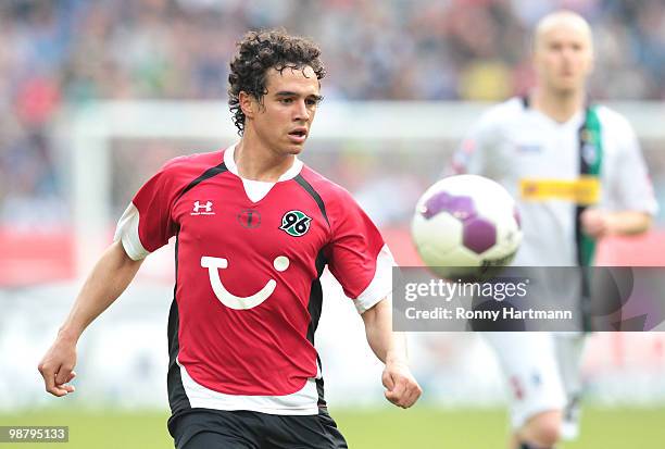 Manuel Schmiedebach of Hannover focusses the ball during the Bundesliga match between Hannover 96 and Borussia Moenchengladbach at AWD Arena on May...