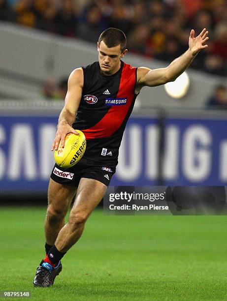 Brent Stanton of the Bombers kicks during the round six AFL match between the Essendon Bombers and the Hawthorn Hawks at the Melbourne Cricket Ground...