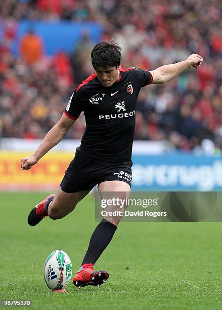 David Skrela of Toulouse kicks a penalty during the Heineken Cup semi final match between Toulouse and Leinster at Stade Municipal on May 1, 2010 in...