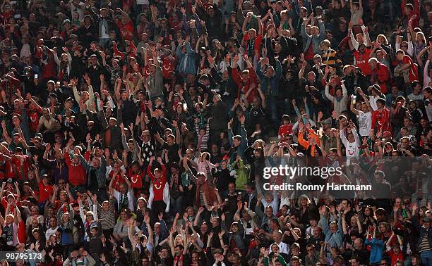 General view of the supporters of Hannover are seen during the Bundesliga match between Hannover 96 and Borussia Moenchengladbach at AWD Arena on May...