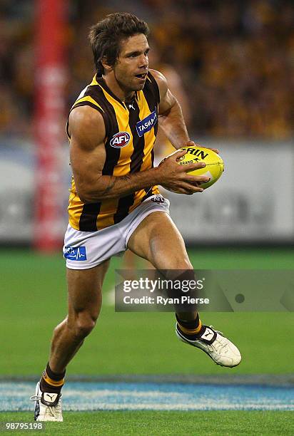 Chance Bateman of the Hawks runs with the ball during the round six AFL match between the Essendon Bombers and the Hawthorn Hawks at the Melbourne...