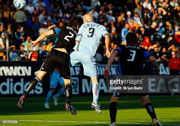 Conor Casey of the Colorado Rapids deflects a corner kick for a shot on goal against Bobby Burling of the San Jose Earthquakes in the first half on...