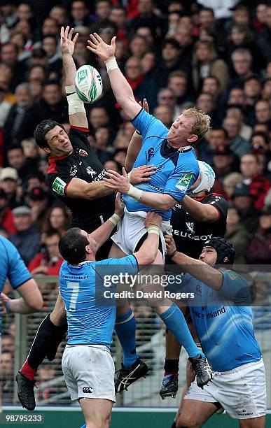 Leo Cullen of Leinster in line out action against Jean Bouilhou during the Heineken Cup semi final match between Toulouse and Leinster at Stade...