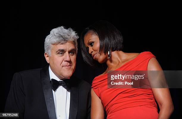 First Lady Michelle Obama and comedian Jay Leno attend the White House Correspondents' Association Dinner at the Washington Hilton May 1, 2010 in...