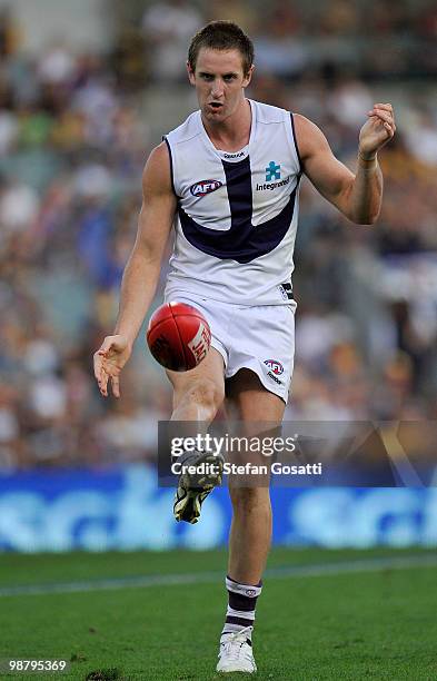 Michael Barlow of the Dockers kicks during the round six AFL match between the West Coast Eagles and the Fremantle Dockers at Subiaco Oval on May 2,...