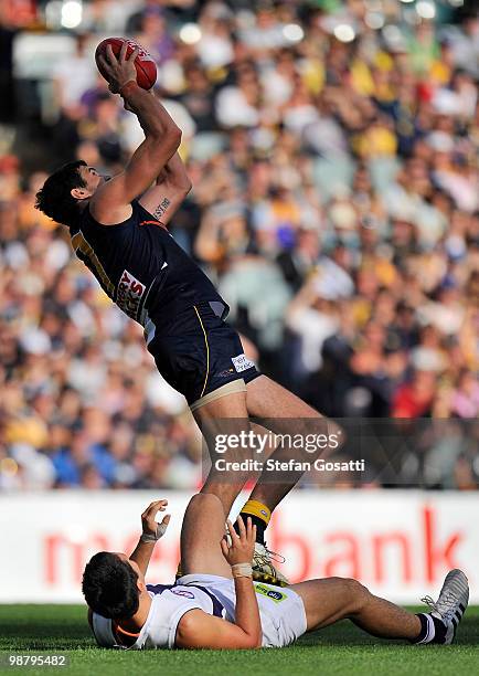 Josh Kennedy of the Eagles marks during the round six AFL match between the West Coast Eagles and the Fremantle Dockers at Subiaco Oval on May 2,...