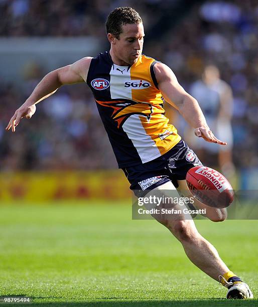 Ashton Hams of the Eagles kicks during the round six AFL match between the West Coast Eagles and the Fremantle Dockers at Subiaco Oval on May 2, 2010...