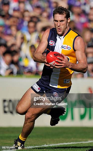 Darren Glass of the Eagles looks for a teammate during the round six AFL match between the West Coast Eagles and the Fremantle Dockers at Subiaco...