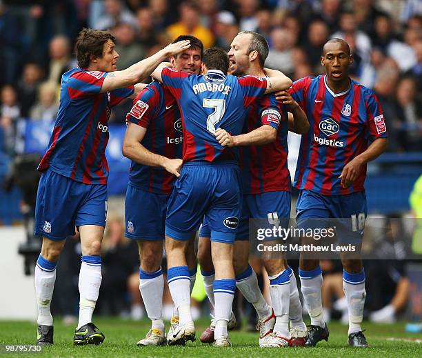 Alan Lee of Crystal Palace is congratulated on his goal during the Coca-Cola Championship match between Sheffield Wednesday and Crystal Palace at...