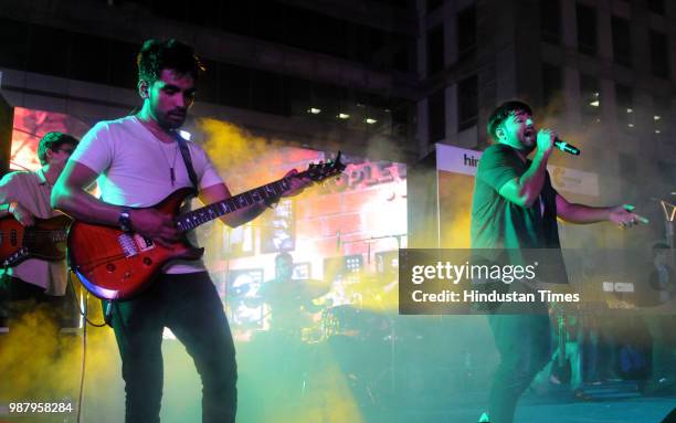 Members of Delhi-based multi-genre music band Bismil perform during the Hindustan Times Friday Jam season 5 at Cyber Hub, on June 29, 2018 in...