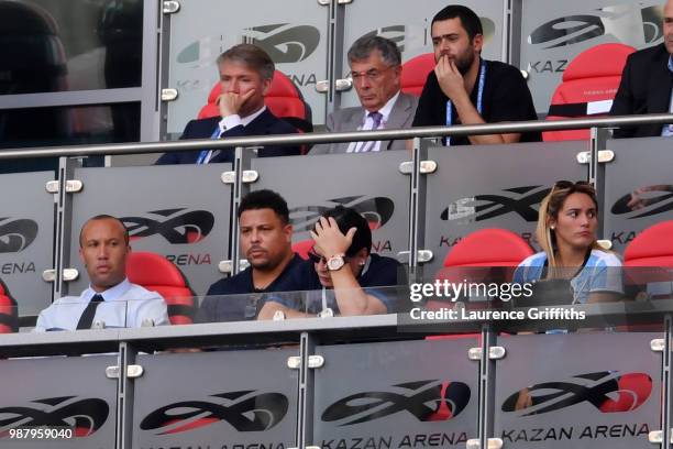 Diego Armando Maradona reacts during the 2018 FIFA World Cup Russia Round of 16 match between France and Argentina at Kazan Arena on June 30, 2018 in...