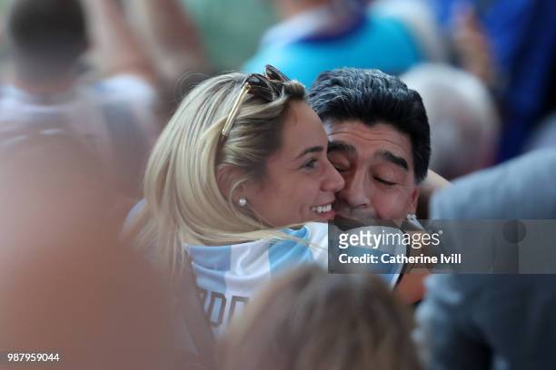 Diego Armando Maradona reacts during the 2018 FIFA World Cup Russia Round of 16 match between France and Argentina at Kazan Arena on June 30, 2018 in...